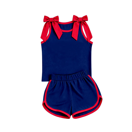 custom moq 5 mix size Baby Girls Red Bow Sleeveless Navy Blue Top Shorts Clothes Set