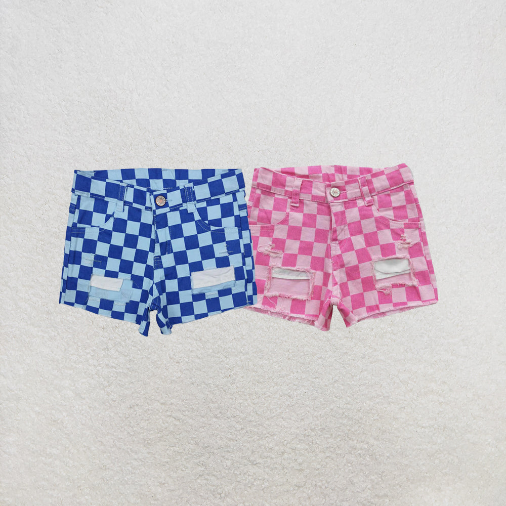 RTS NO MOQ Sibling Baby Girls Blue Checkered Distressed Denim Shorts