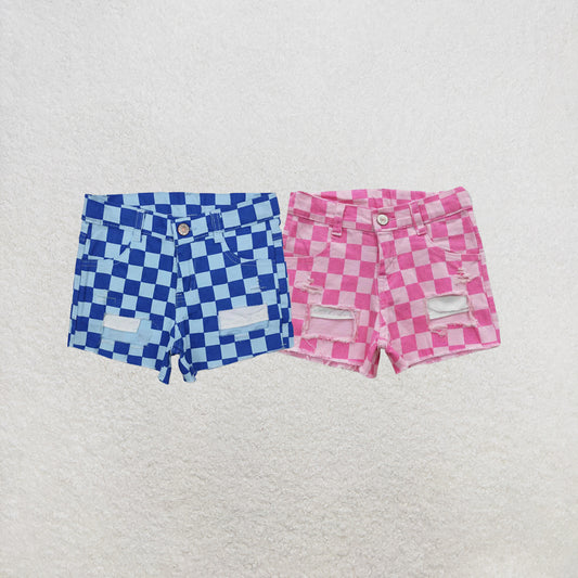 RTS NO MOQ Sibling Baby Girls Blue Checkered Distressed Denim Shorts