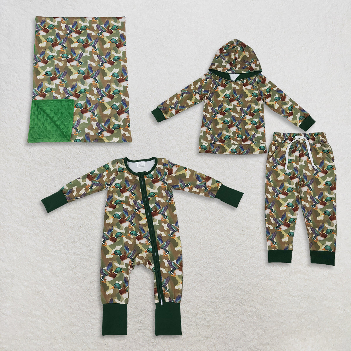 RTS NO MOQ Sibling milk silk Baby Boys Duck Camo Print Hoodie Pant Set Zipper Romper And Baby Swaddle Blanket