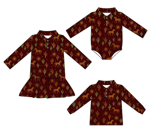 25.7.8 custom each style moq 5eta 4-6week Sibling Sisters catcus horse baby girls long sleeve dress and top and romper match family design