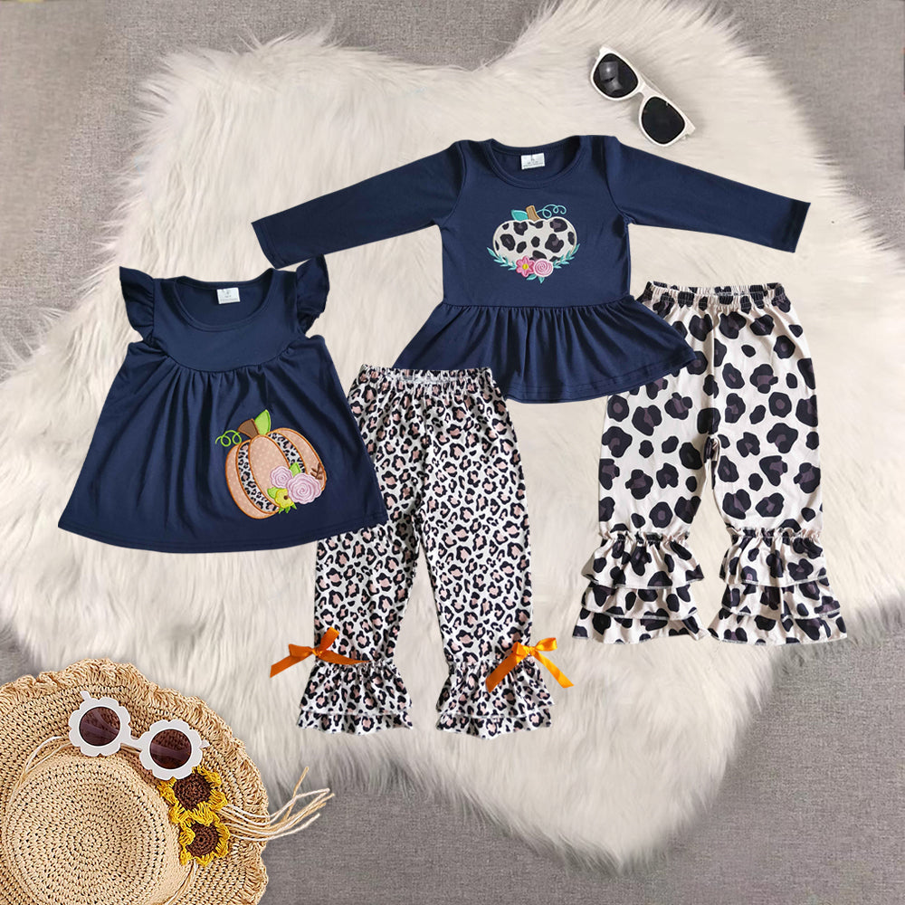 RTS Sibling baby girls clothes halloween embroidery long Sleeve pants sets and short sleeve pants sets