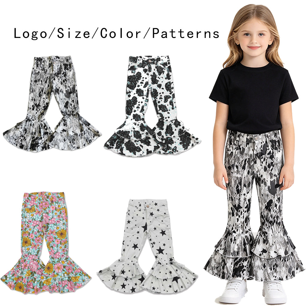 RTS NO MOQ Sibling Denim Baby Girls Cow Print Ruffle Bell Bottom Flare Denim Pants