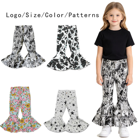 RTS NO MOQ Sibling Denim Baby Girls Cow Print Ruffle Bell Bottom Flare Denim Pants