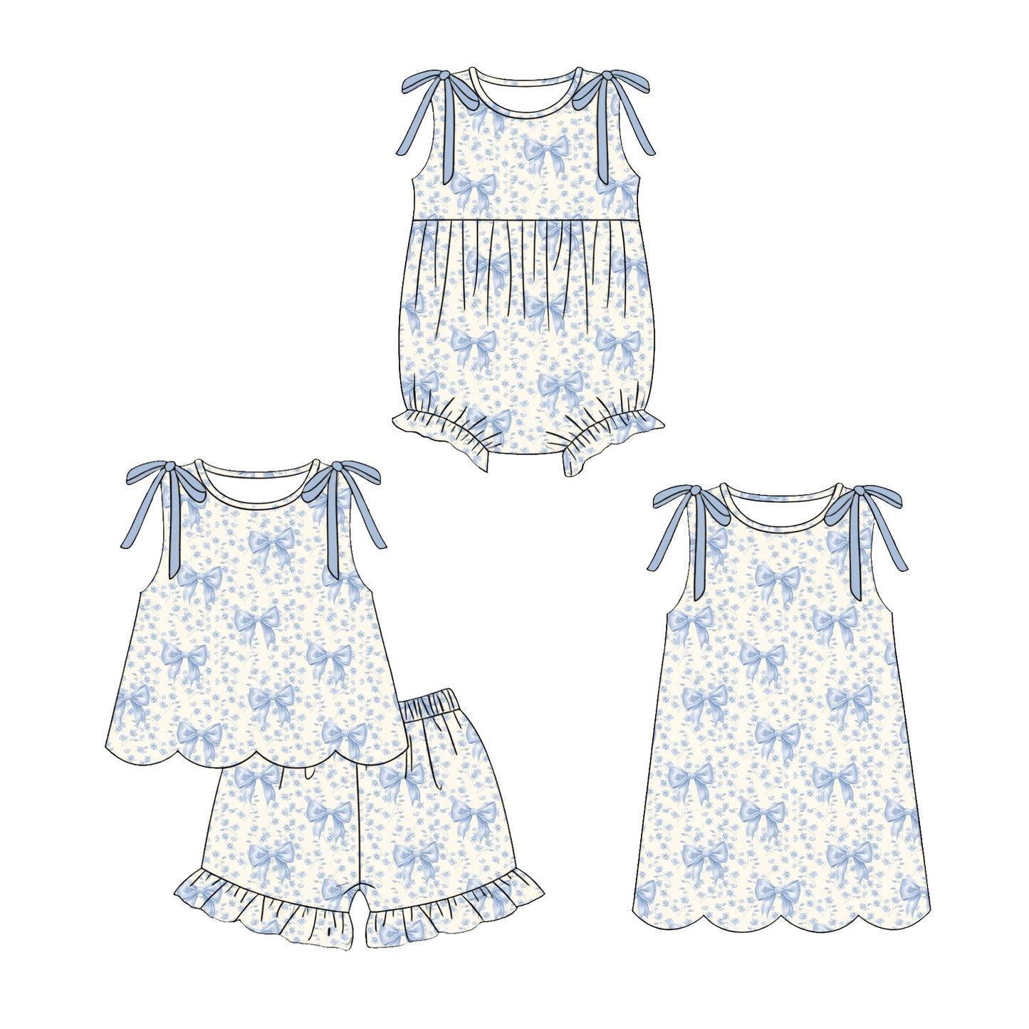3.30 Custom moq 5 mix size Sibling Baby Girl's Bows  Sleeveless Top And Short Set Cute Romper Dress for Summer