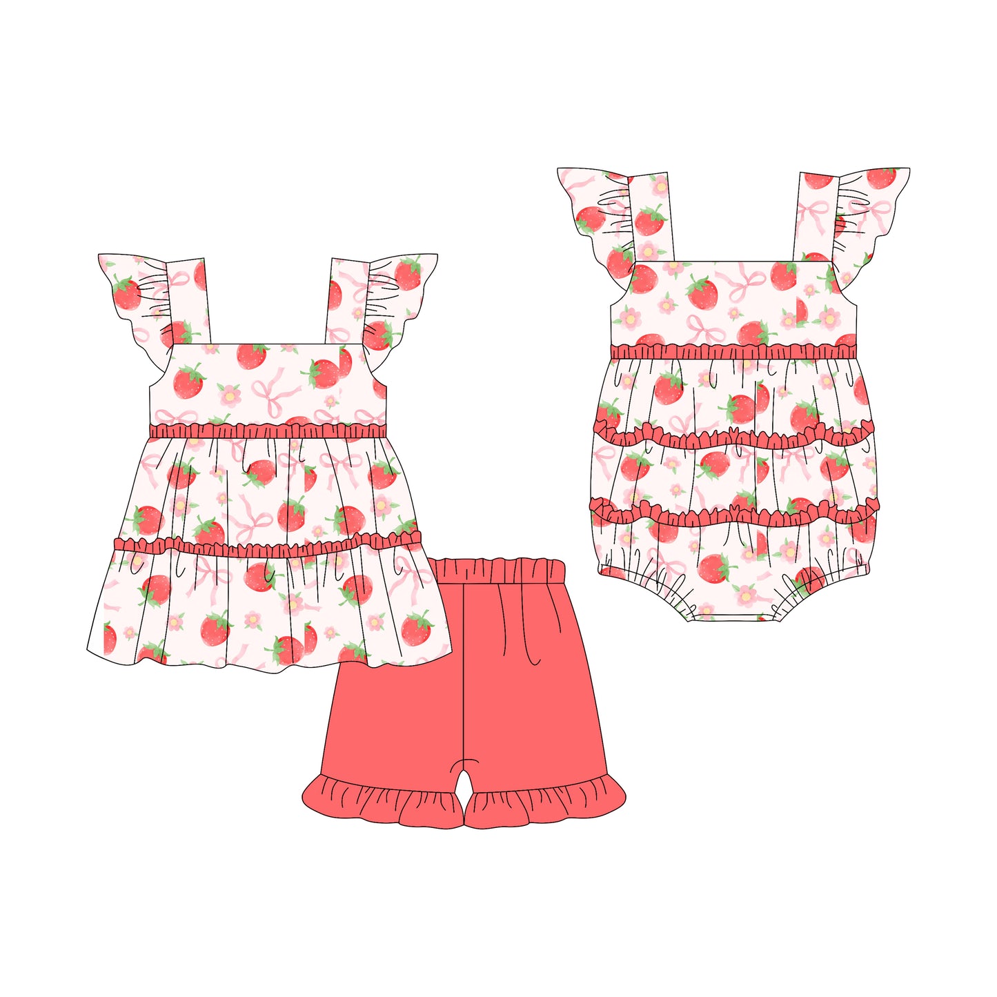 3.7 custom each style moq 5eta 4-6week Sibling Sister strawberry bow baby girl short sleeve shorts sets and romper match design