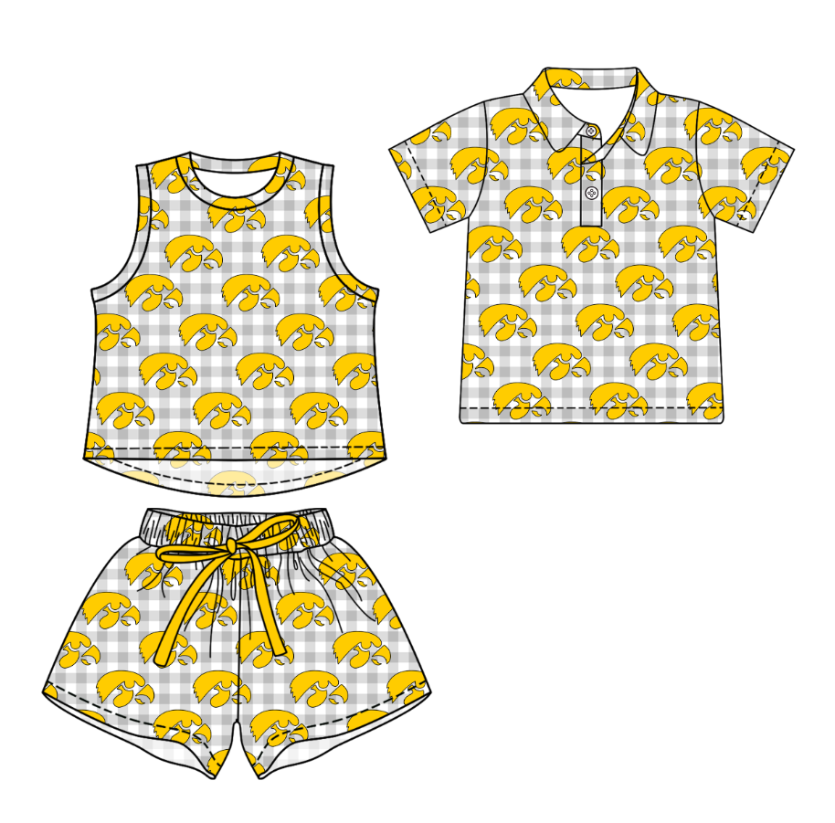 Custom moq 5 mix size milk silk summer teams Girls Sleeveless Grey Checked Top And Short Sets Boys Checked Short Sleeve Button Polo Shirt Top