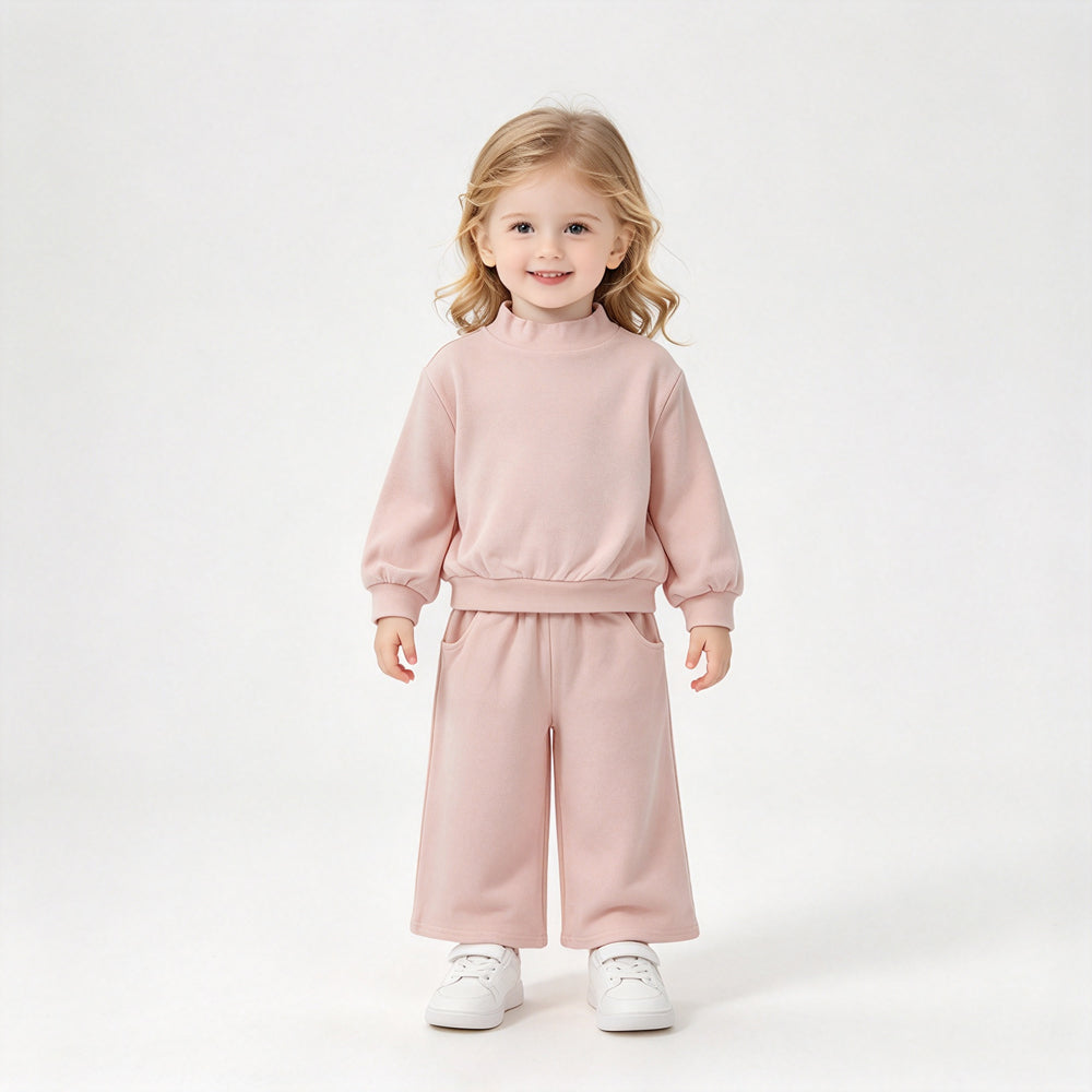 RTS NO MOQ Sibling cotton Baby Girls High Neck Solid Long Sleeve Top And Wide Leg Pant Outfit Set