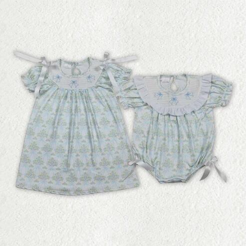 RTS NO MOQ Sibling Baby Girls Smocked Bows Knee Length Dress Rompers with Short Ruffle Sleeves Floral Print