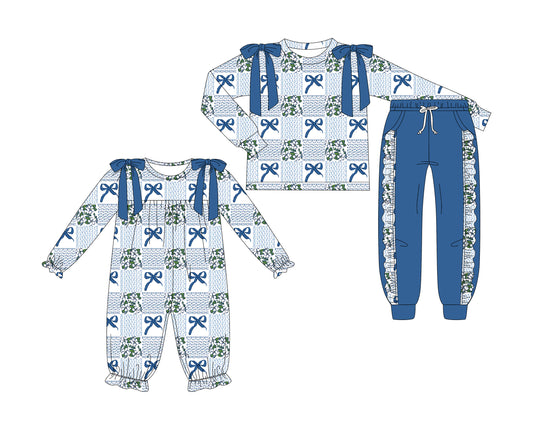25.7.4 custom each style moq 5eta 4-6week Sibling Sisters bow floral baby girl long sleeve pants sets and rompers match family design