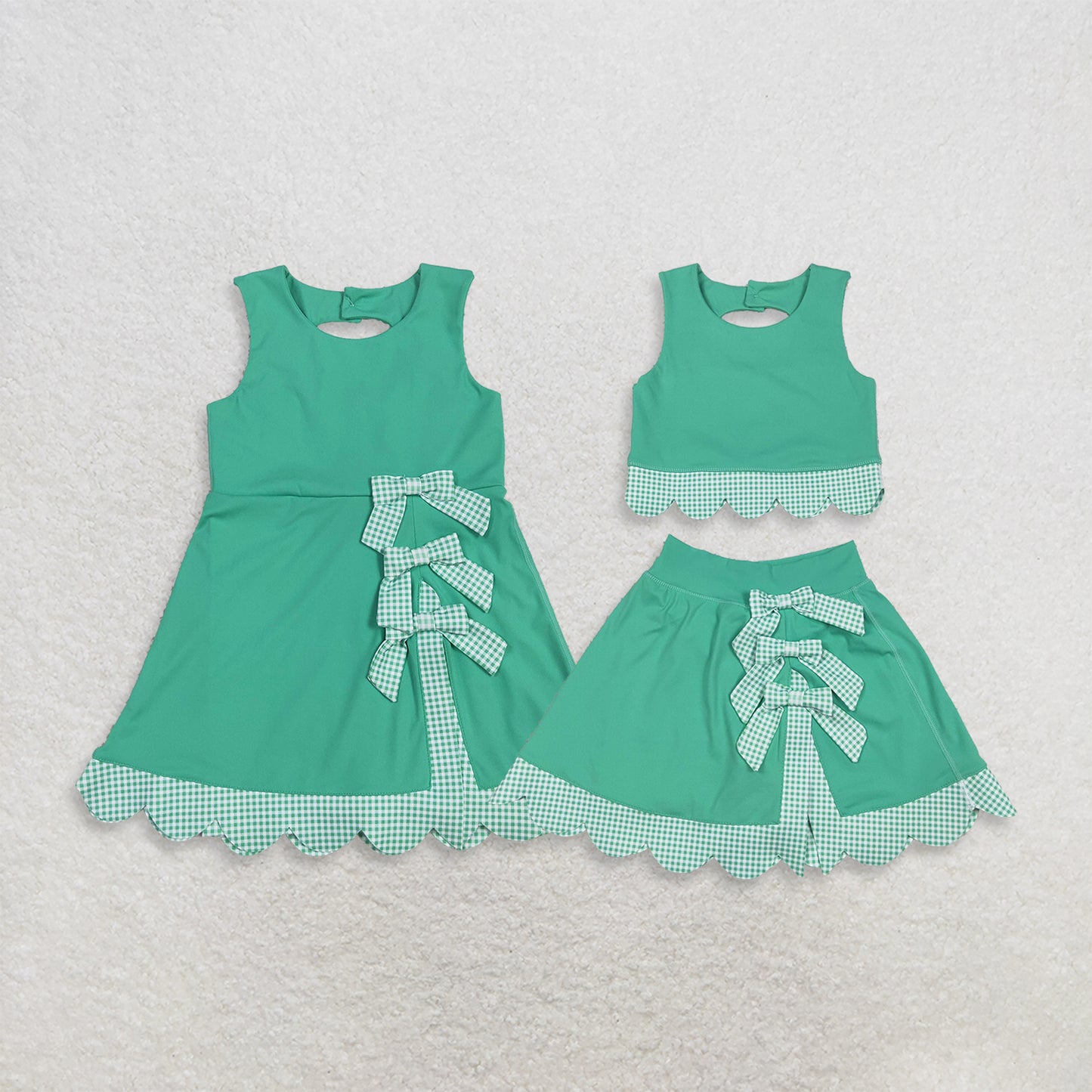 RTS NO MOQ Sibling yoga fabric Girls Green Vest Top Bows Skirt Shorts Yoga Active Scallop Sets Shorts Bows Scallop Knee Length Dresses