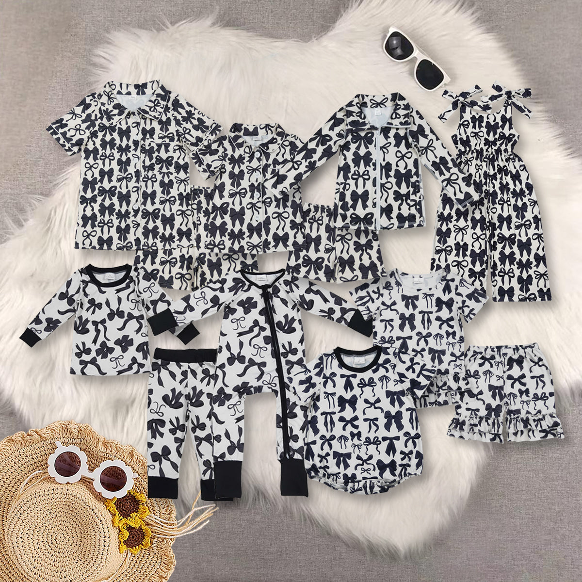 RTS NO MOQ Sibling baby Girls Boys bow short sleeve shorts sets 2 and pants sets and jumpsuit rompers and yoga top and adult sets Clothes