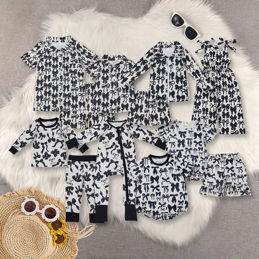 RTS NO MOQ Sibling baby Girls Boys bow short sleeve shorts sets 2 and pants sets and jumpsuit rompers and yoga top and adult sets Clothes