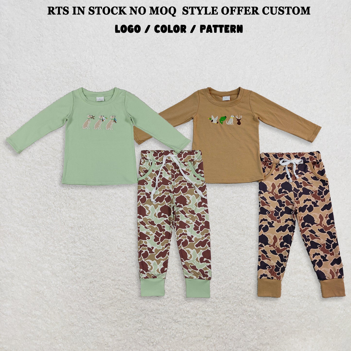 RTS NO MOQ Sibling milk silk Embroidery Dog Ducks Baby Boys Top Camo Pockets Jogger Hunting Clothes Sets