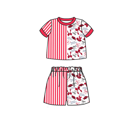 Custom moq 5 mix size milk silk summer teams Baby Red Striped Bow Print Short Sleeve Top And Shorts Set