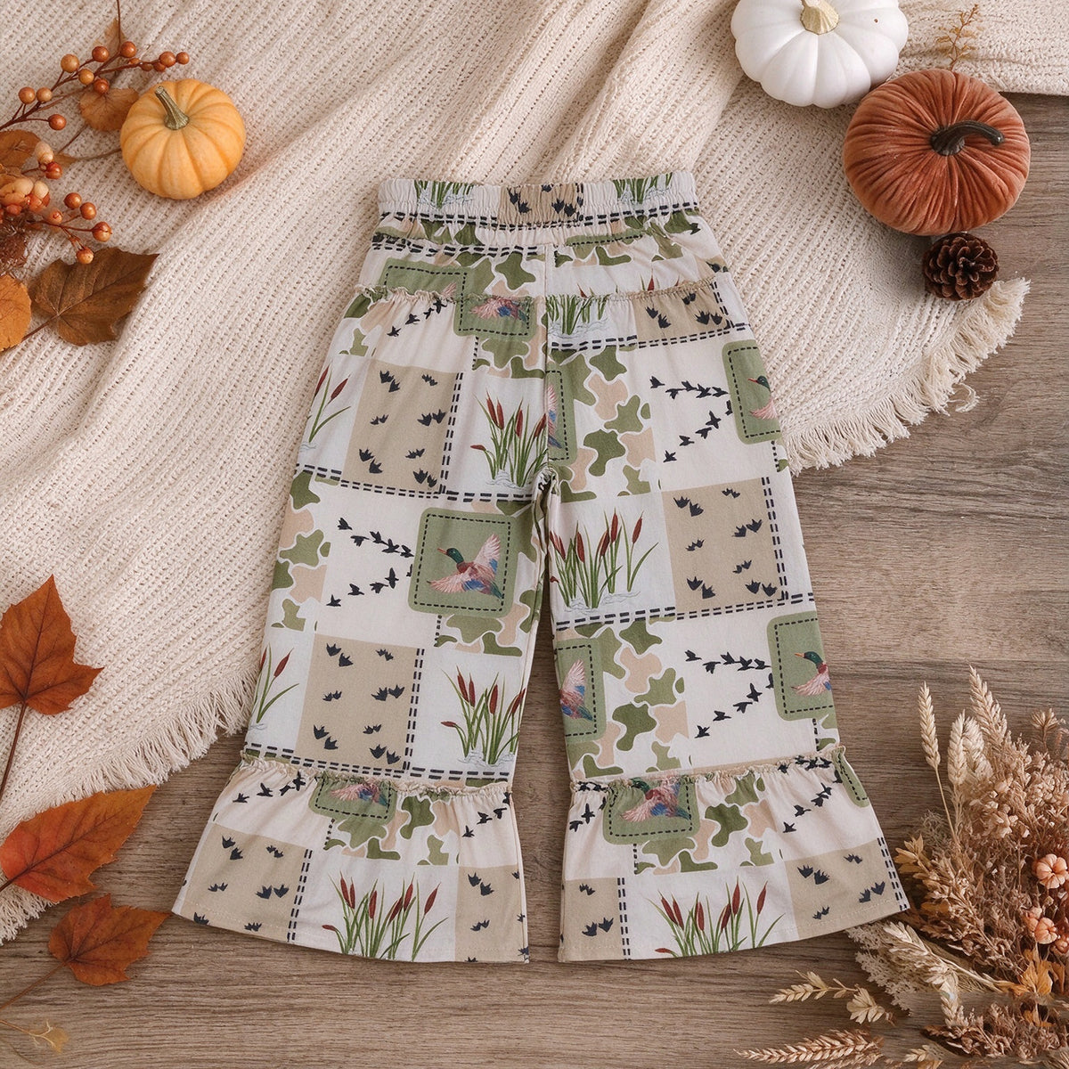 NEW RTS NO MOQ milk silk P1067 Baby Girls Green Camo Ducks Checked Bell Bottom Pants Casual Bottom