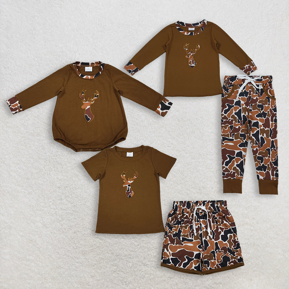 RTS NO MOQ Sibling Boys Embroidered Brown Camo Deer Pockets Pants Short Hunting Clothes Set Rompers