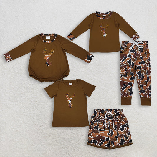RTS NO MOQ Sibling Boys Embroidered Brown Camo Deer Pockets Pants Short Hunting Clothes Set Rompers