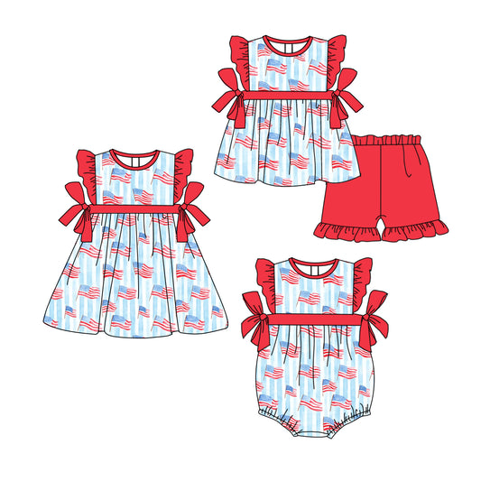 3.26 custom each style moq 5eta 4-6week Sibling Sisters flag baby girl short sleeve shorts sets and dress and rompers match family design