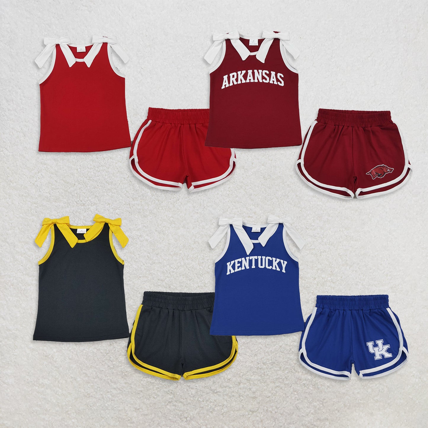 RTS NO MOQ Sibling milk silk Baby Girls Bow Sleeveless Top Matching Shorts Clothes Set