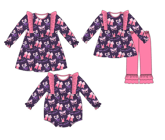 25.8.29 custom each style moq 5eta 4-6week Sibling Sisters bow baby girl long sleeve pants sets and dress and rompers match family design