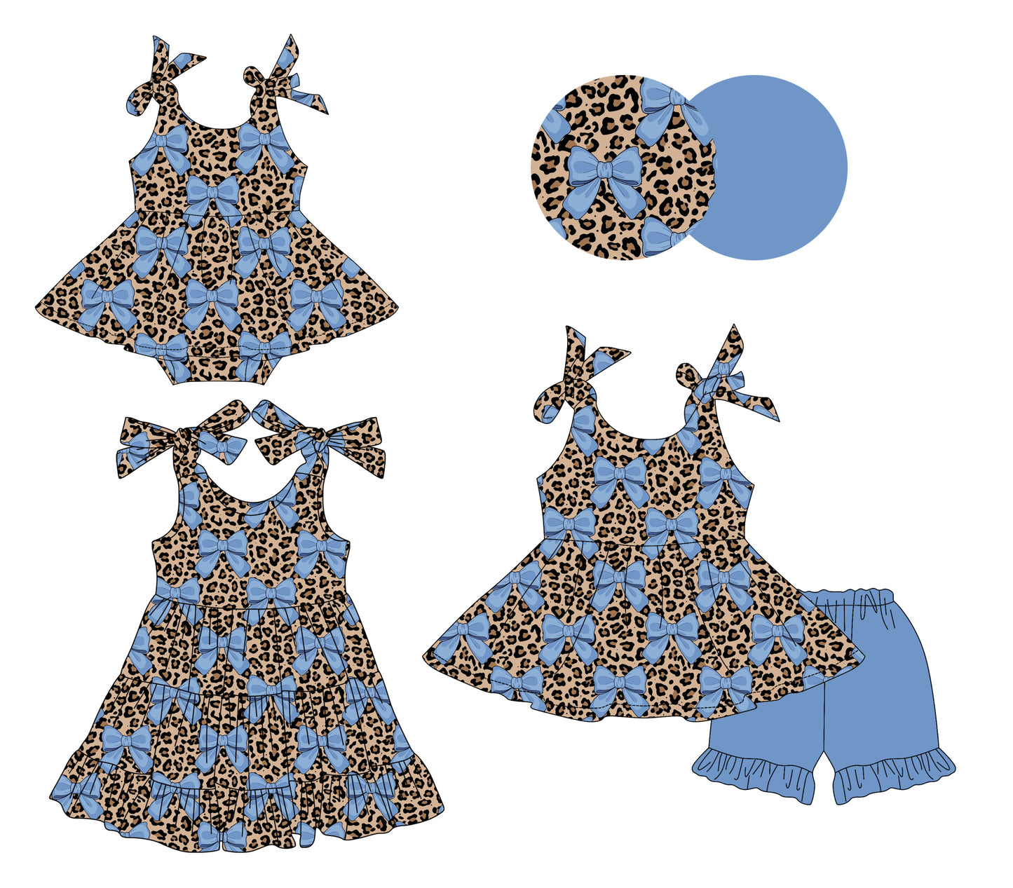 4.8 Custom moq 5 mix size Sibling Baby Girl's Leopard Bows Strap Tunic Shorts Set Cute Romper Dress for Summer