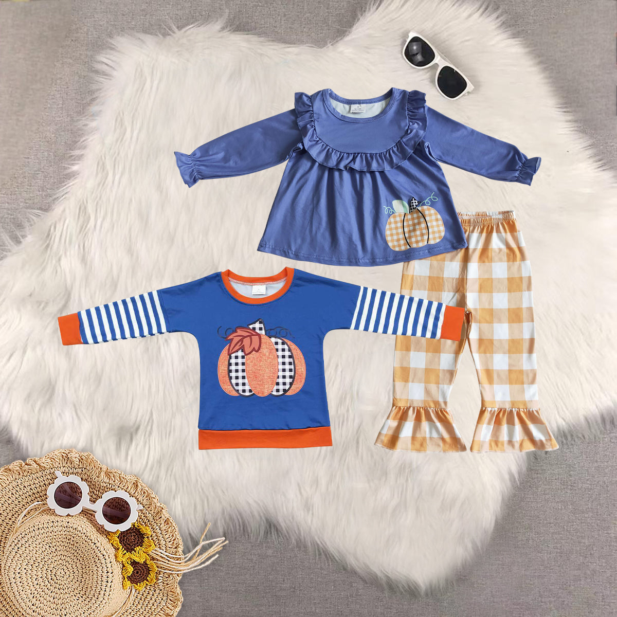 RTS NO MOQ Sibling Baby girls boys pumpkin long-sleeved trousers suit & top
