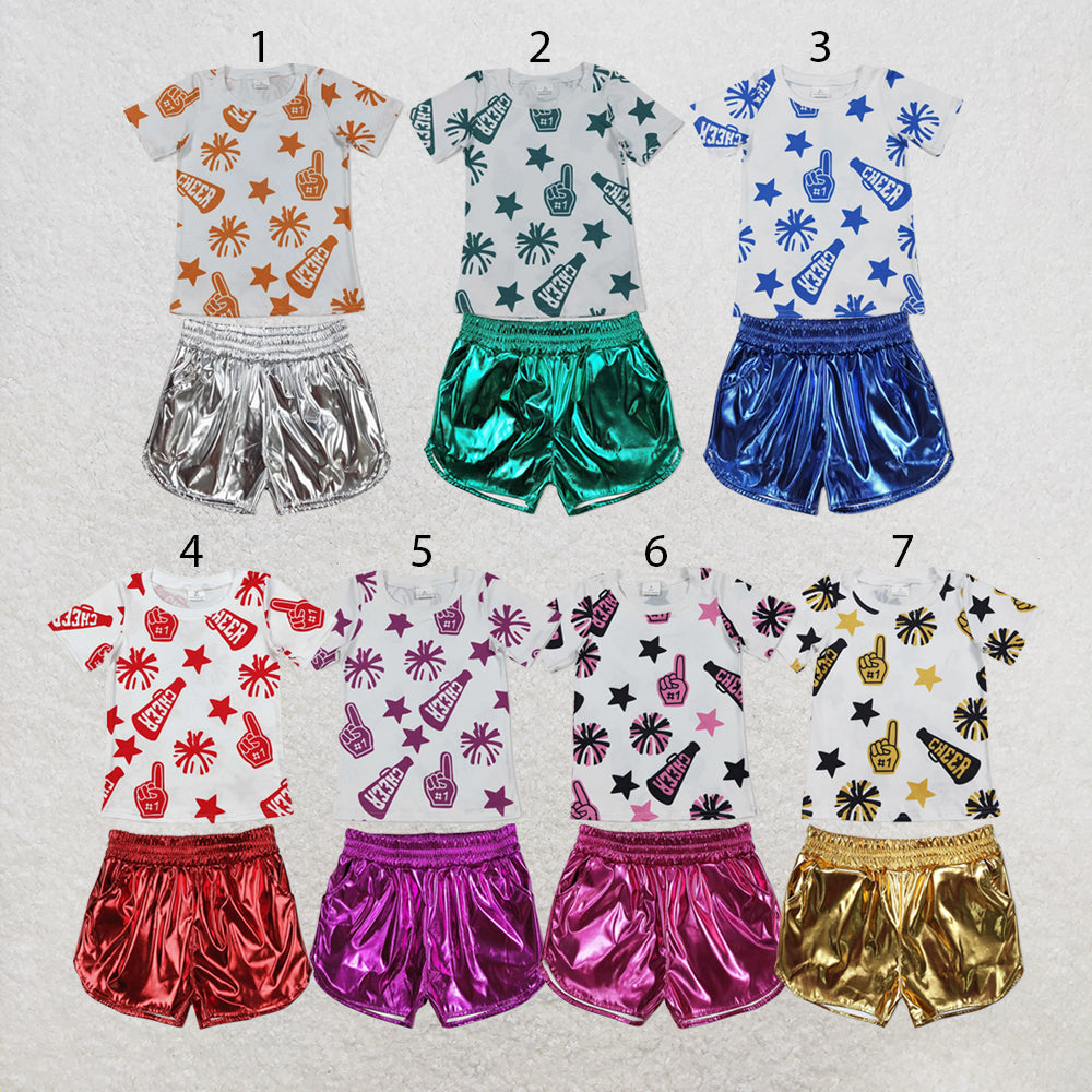 RTS NO MOQ Sibling milk silk Baby Girls Cheer Team Short Sleeve Top Leather Shorts Clothes Set