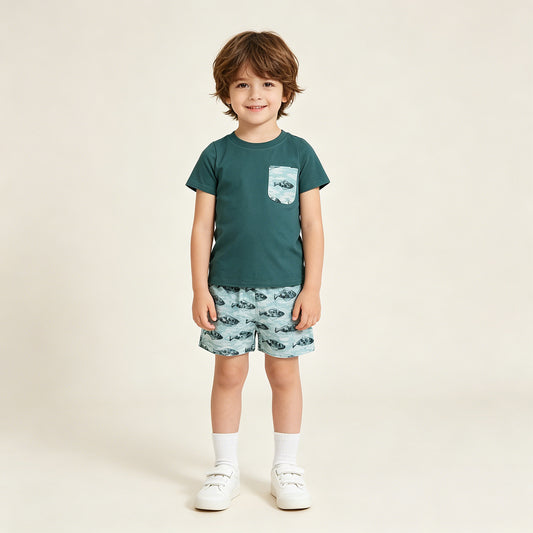 RTS NO MOQ milk silk BSSO0838 Baby Boys Dark Green Hunting Fishes Print Top And Shorts Sets