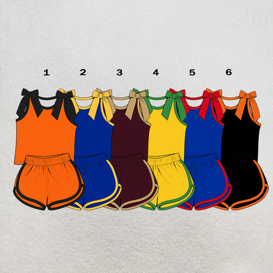 custom moq 5 mix size XY070201 Baby Girls Solid Color Bow Sleeveless Tank Top And Elastic Waist Shorts Set