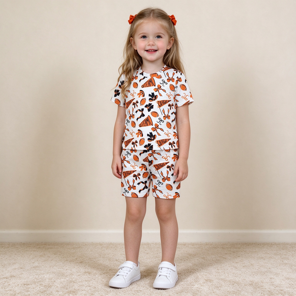 NEW RTS NO MOQ milk silk GSSO2724 Baby Girls Black Orange Bows Footballs Team Short Sleeve Top Shorts Pajamas Sets