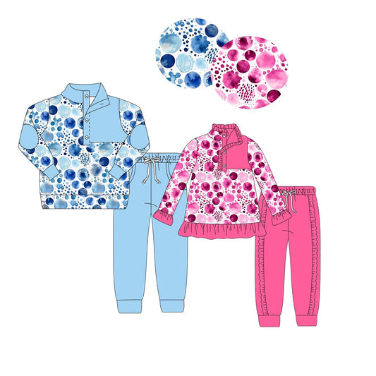 5.18custom each style moq 5eta 4-5week Sibling Sister Ink style printed pink and blue long sleeve trousers suit match family design