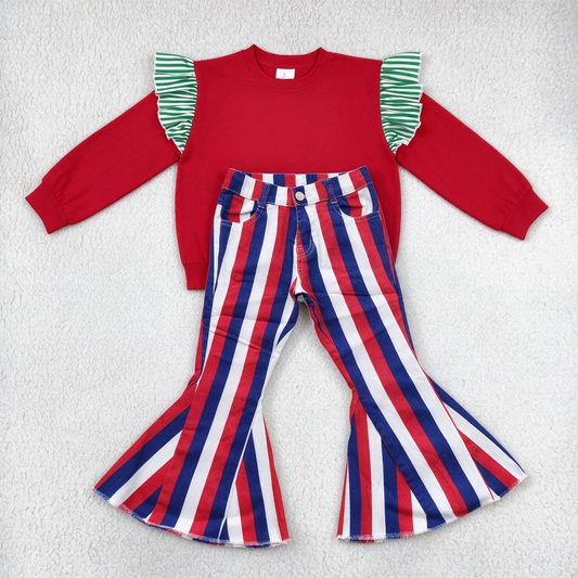 NEW RTS NO MOQ Denim GT1844+ P0105 Baby Girls Red Sweatshirt Green White Stripe Ruffle Shoulder Red White Blue Stripe Frayed Flare Jean Denim Pant Set