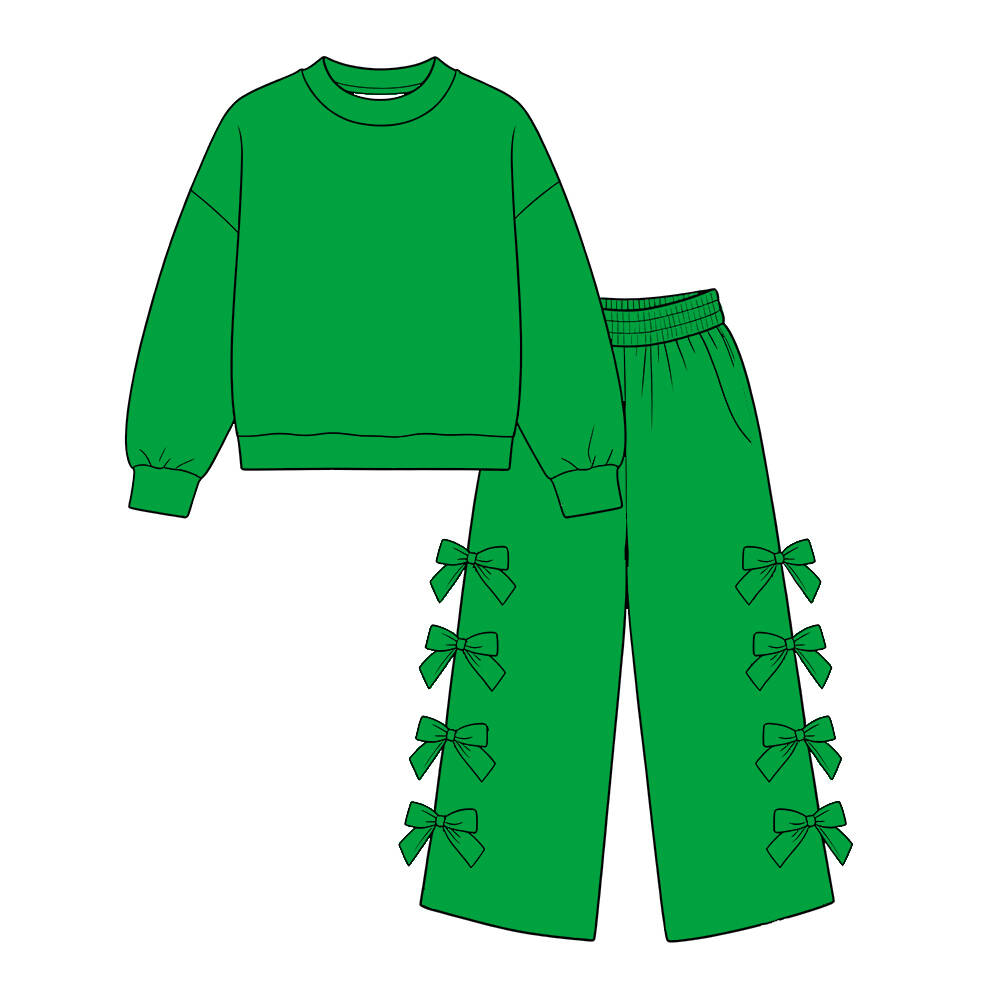 custom moq 5 mix size Baby Girls Solid Long Sleeve Green Sweatshirt And Bow Wide Leg Trouser Set