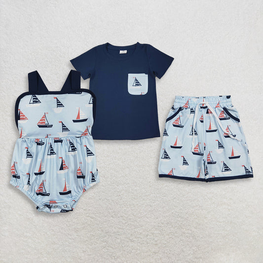 RTS NO MOQ Sibling Baby Boys Navy Short Sleeve Shirt with Boats Pockets And Shorts Clothing Set Rompers Outfit