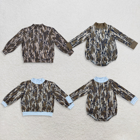 RTS NO MOQ Sibling milk silk High Neck Baby Boys And Girls Camo Long Sleeve Romper And Toddler Mock Neck Top