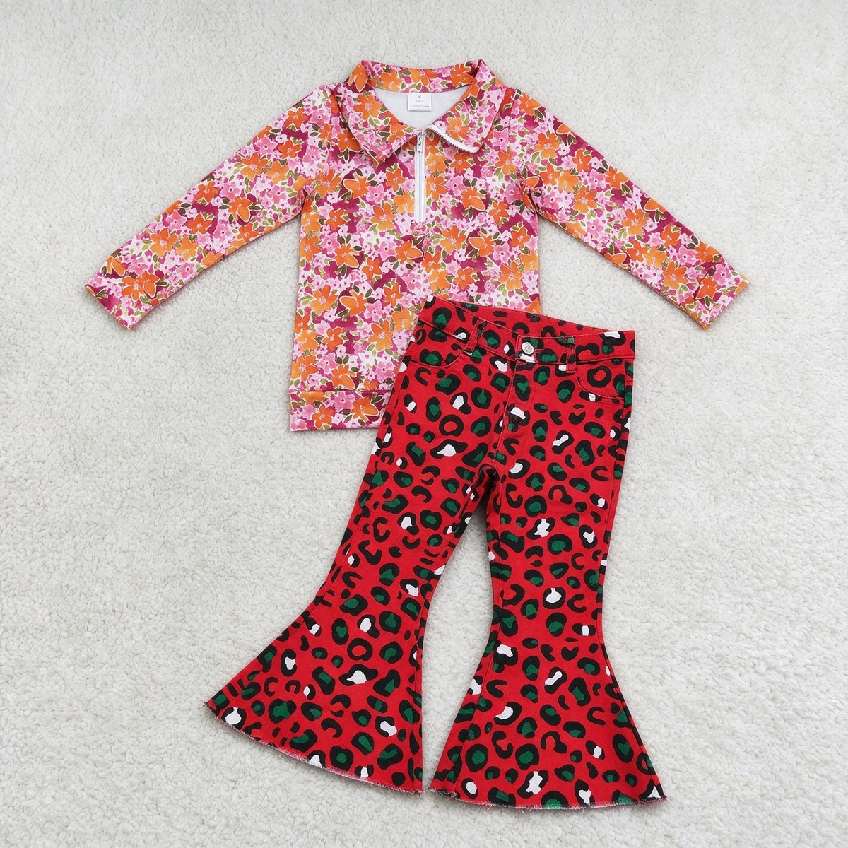NEW RTS NO MOQ Denim GT1652+ P0229 Baby Girls Pink Floral Half Zip Collar Long Sleeve Top Red Green Leopard Bell Bottom Denim Pant Set