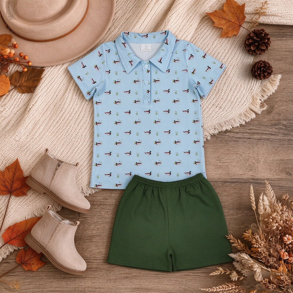 NEW RTS NO MOQ milk silk BSSO2041 Baby Boys Short Sleeve Duck Print Plaid Button Polo Top Shorts Set
