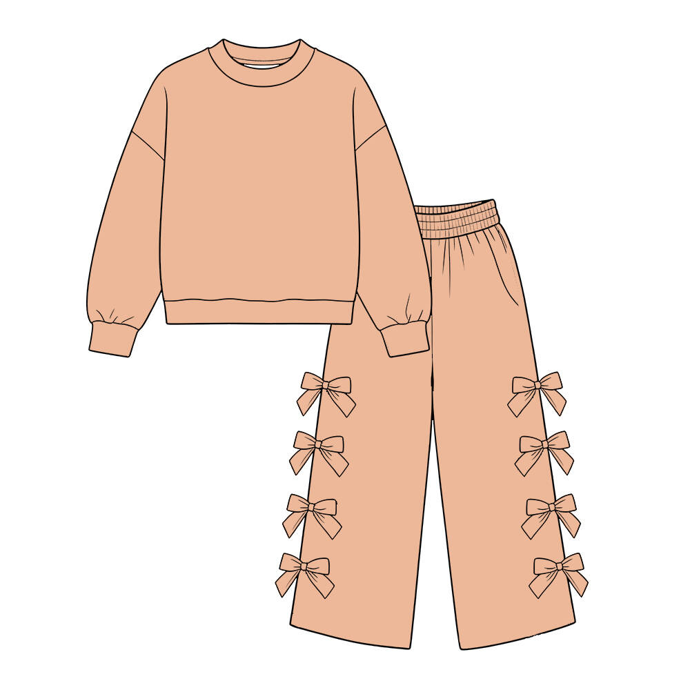 custom moq 5 mix size Baby Girls Solid Apricot Long Sleeve Sweatshirt And Bow Wide Leg Trouser Set