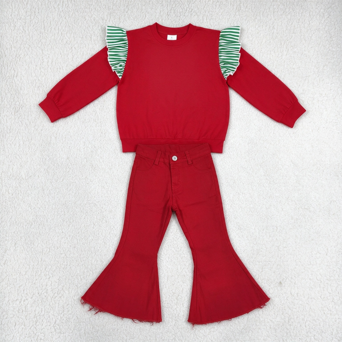 NEW RTS NO MOQ Denim GT1844+ P0083 Baby Girls Red Sweatshirt Green White Stripe Ruffle Shoulder Solid Red Frayed Flare Jean Denim Pant Set