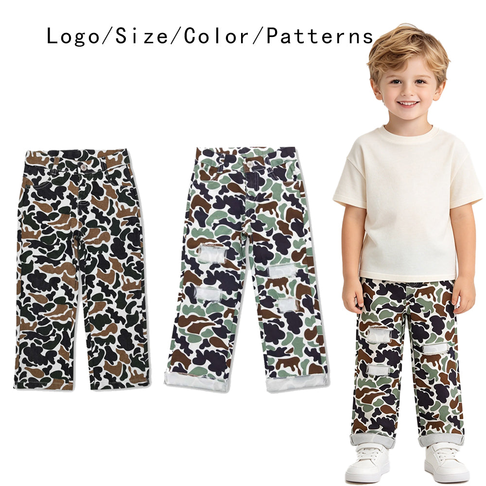 RTS NO MOQ Sibling Denim Baby Kids Camo Print Straight Leg Jeans Denim Pants