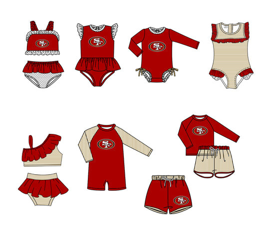 Custom moq 5 mix size milk silk summer teams baby girl boys clothes Red Two-Piece Swimsuit Set One Piece Swimsuits boy swim trunks