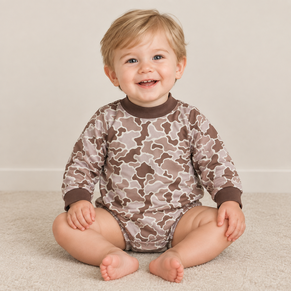 NEW RTS NO MOQ milk silk LR3263  Baby Boys High Neck Long Sleeve Khaki  Camo Casual Rompers