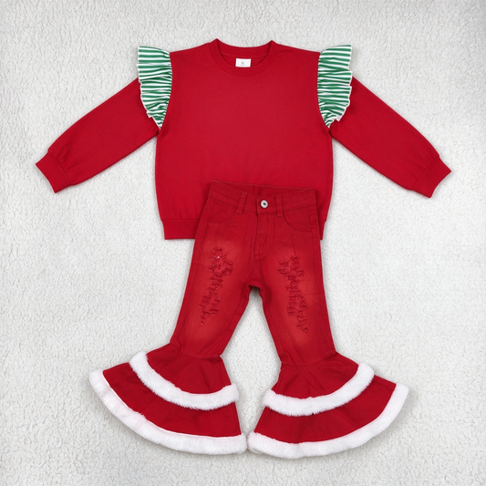 NEW RTS NO MOQ Denim GT1844+ P0334 Baby Girls Red Sweatshirt Green White Stripe Ruffle Shoulder Red Distressed Double White Fur Trim Flare Jean Pant Set