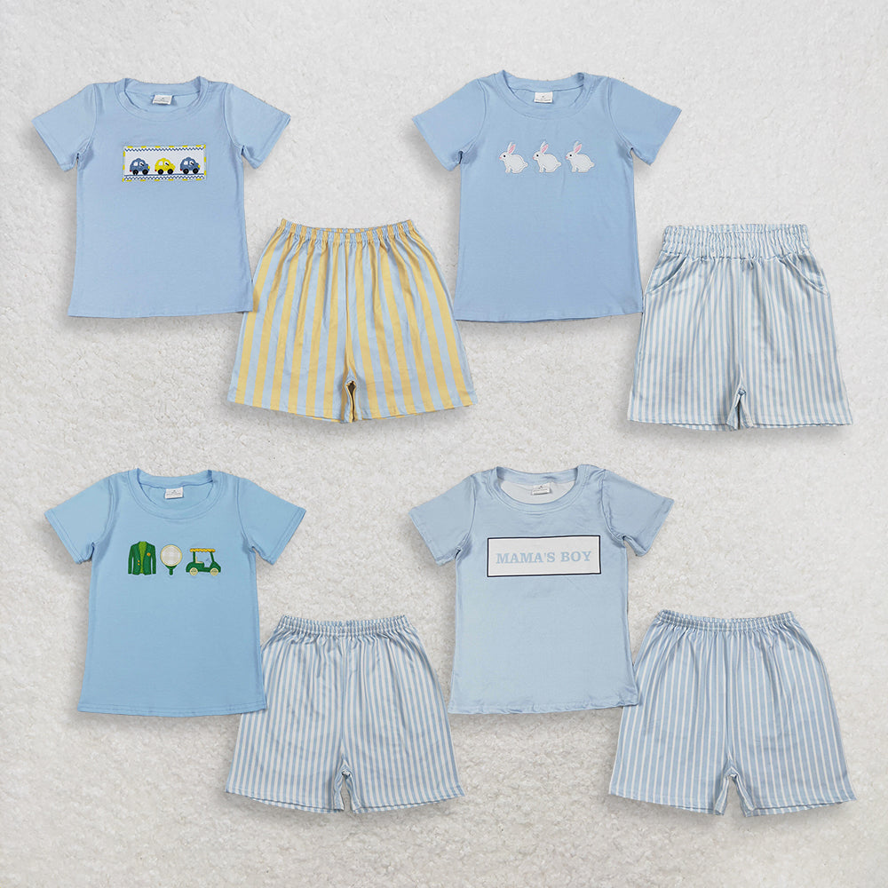 RTS NO MOQ Sibling Baby Boys Embroidery Shirts And Shorts Set Striped Top Outfit for Little Ones