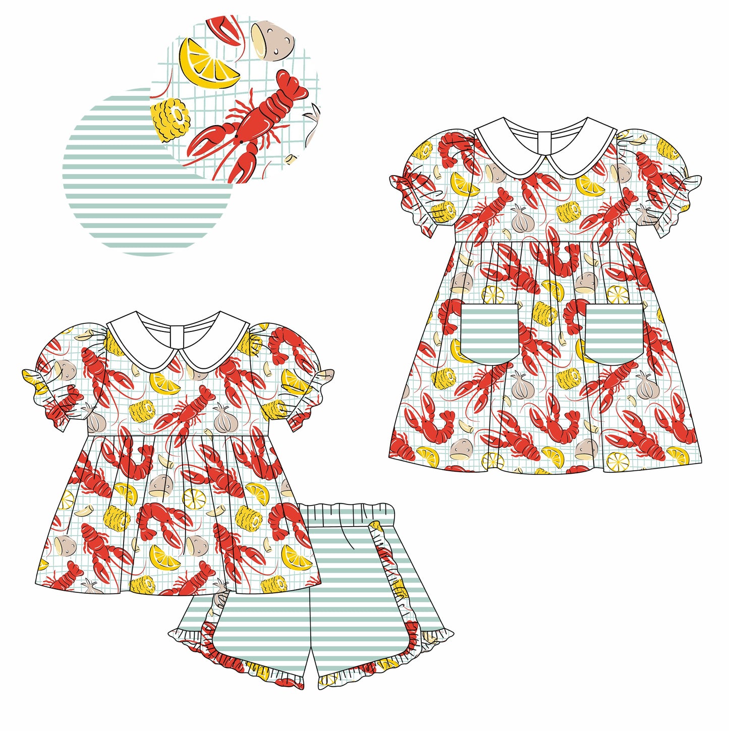 25.12.17 custom each style moq 5 eta 6-8week Sibling Sister lobster baby short sleeve shorts sets and dress match design