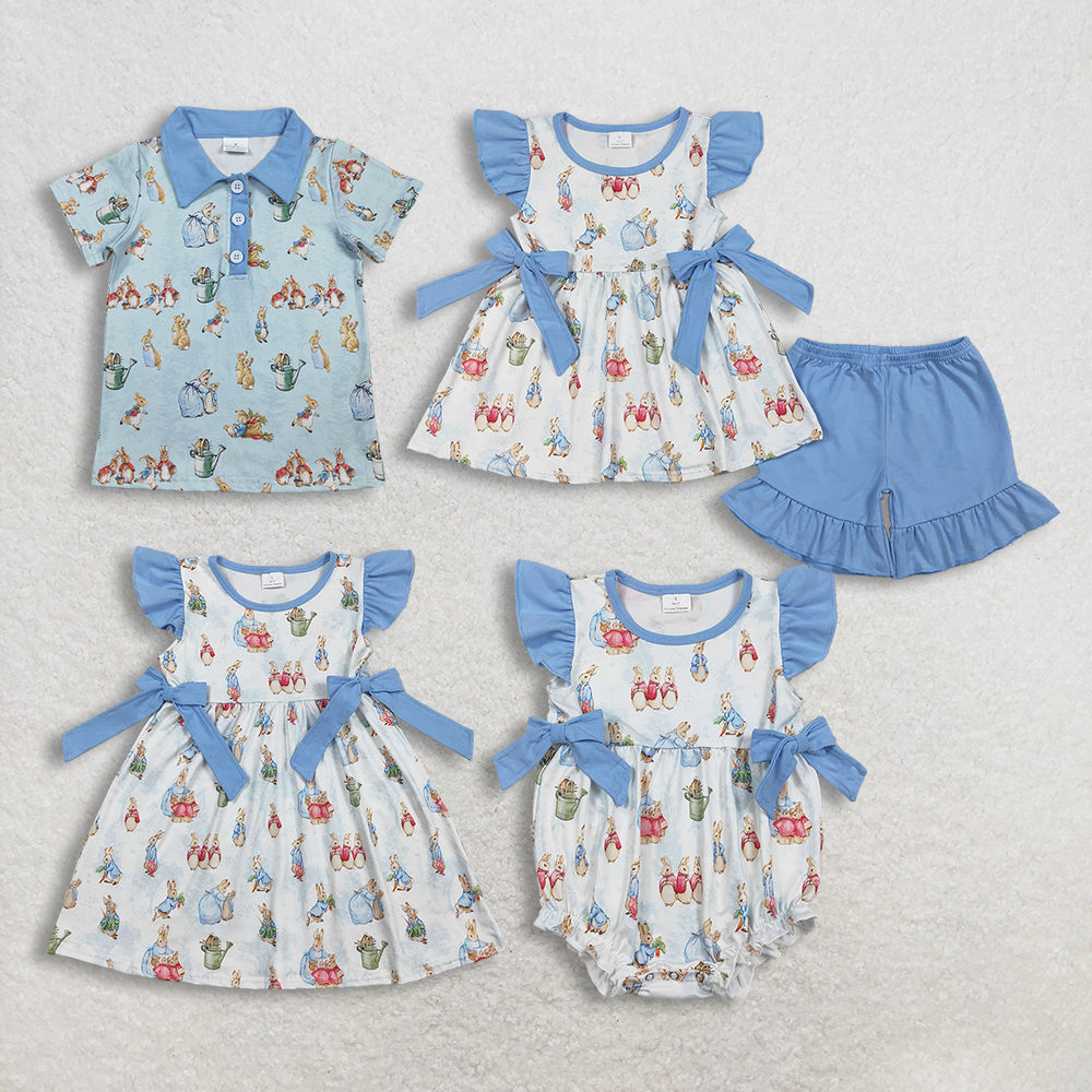 RTS NO MOQ Sibling Baby Girls Easter Outfit Set with Flutter Sleeve Tunic And Ruffle Shorts Boys Polo Shirt Top with Rabbit Bows