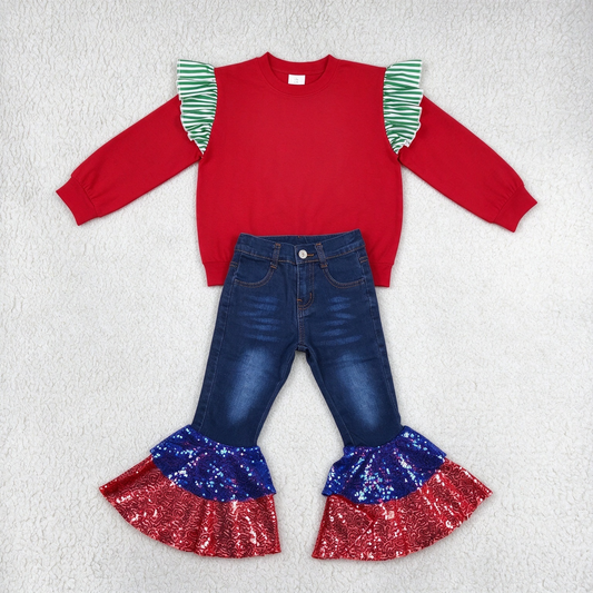 NEW RTS NO MOQ Denim GT1844+ P0430 Baby Girls Red Sweatshirt Green White Stripe Ruffle Shoulder Dark Denim Red Blue Sequin Double Ruffle Flare Jean Pant Set