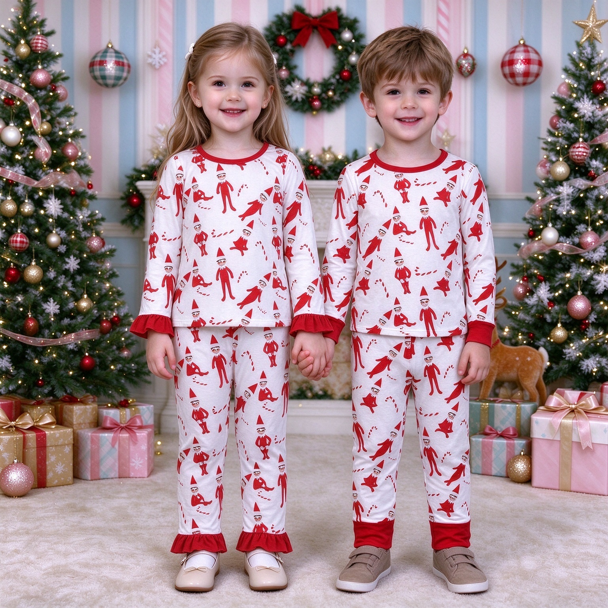 Baby Kids Christmas Elf Collection - Red Ruffle PJ Set & Red Ribbed PJ Set