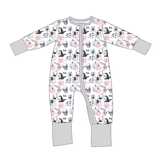 Custom moq 3 eta 7/8week moq 5 eta /4/5week White skull pumpkin hat pattern grey long zip-up romper